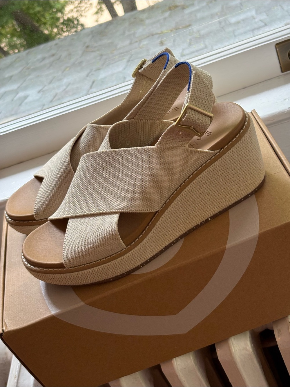Rothy's Wedge Sandal in White Sand. NWT